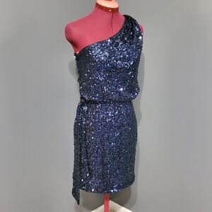 Aqua Smokey Blue Sequin Cocktail One Shoulder Dress Women's Size 2